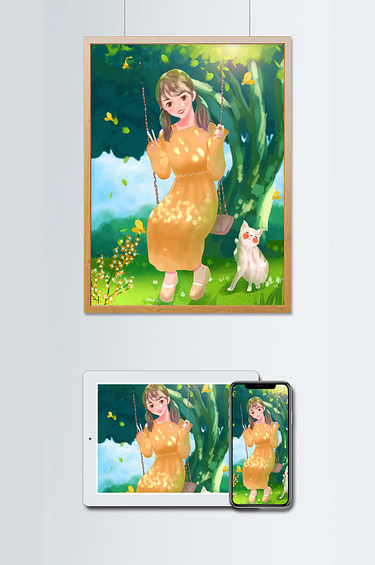 原创手绘插画青年节女孩和小猫在树下荡秋千