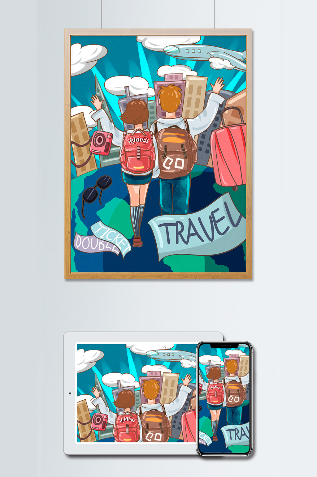 假期情侣一起旅游描边卡通原创插画素材