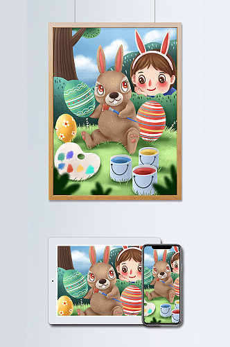 女孩偷看复活节兔子画彩蛋原创插画