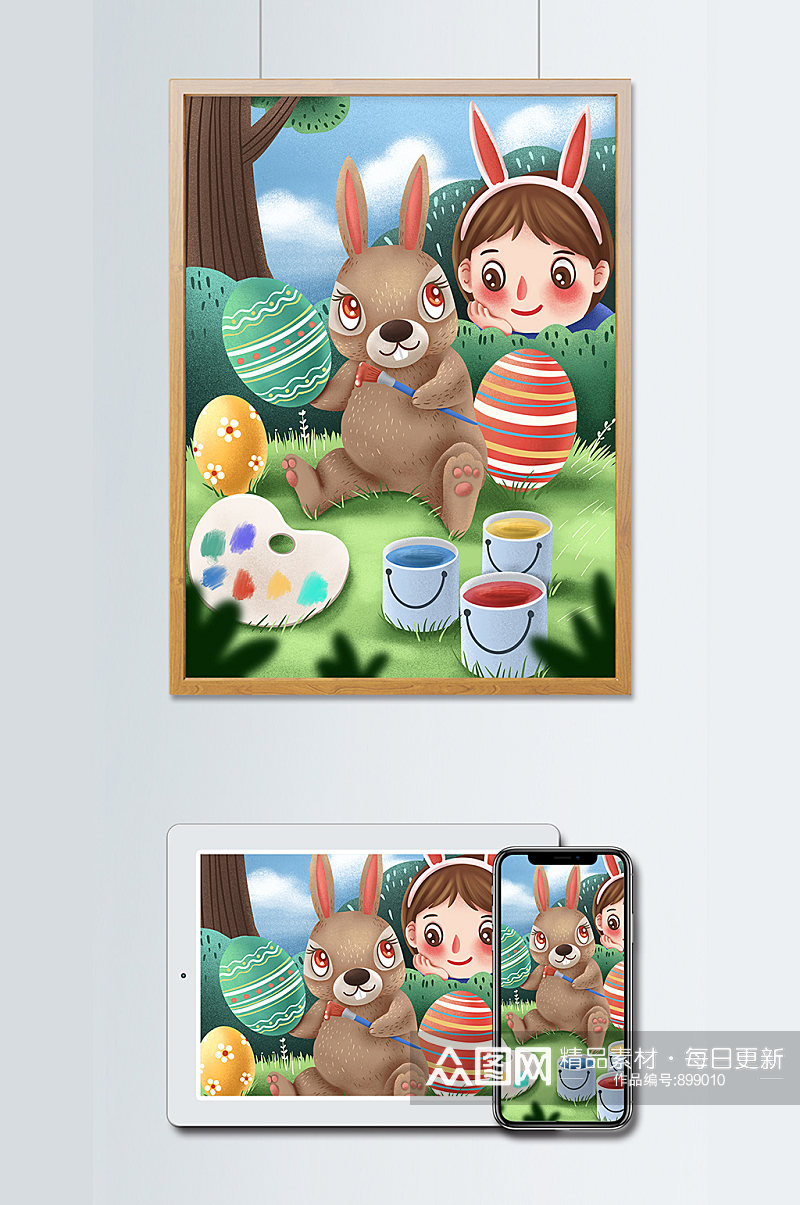女孩偷看复活节兔子画彩蛋原创插画素材