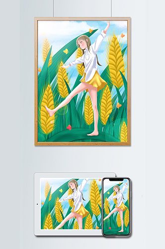 原创手绘插画小满女孩在稻田里的叶子上行走