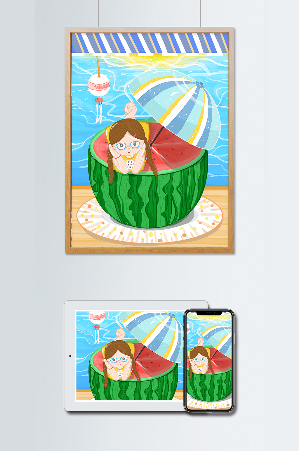 海边趴在西瓜上晒太阳的女孩夏至插画素材