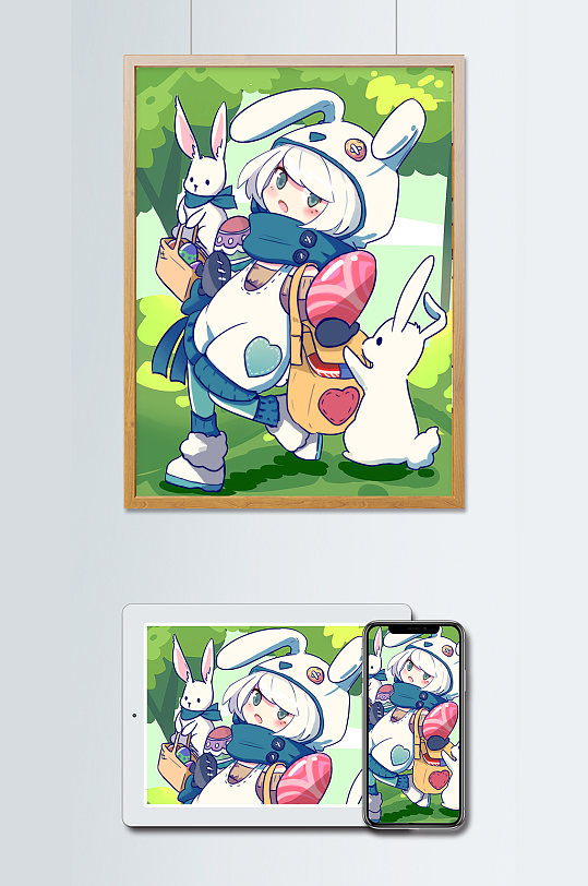 复活节兔子发彩蛋二次元动漫人物插画
