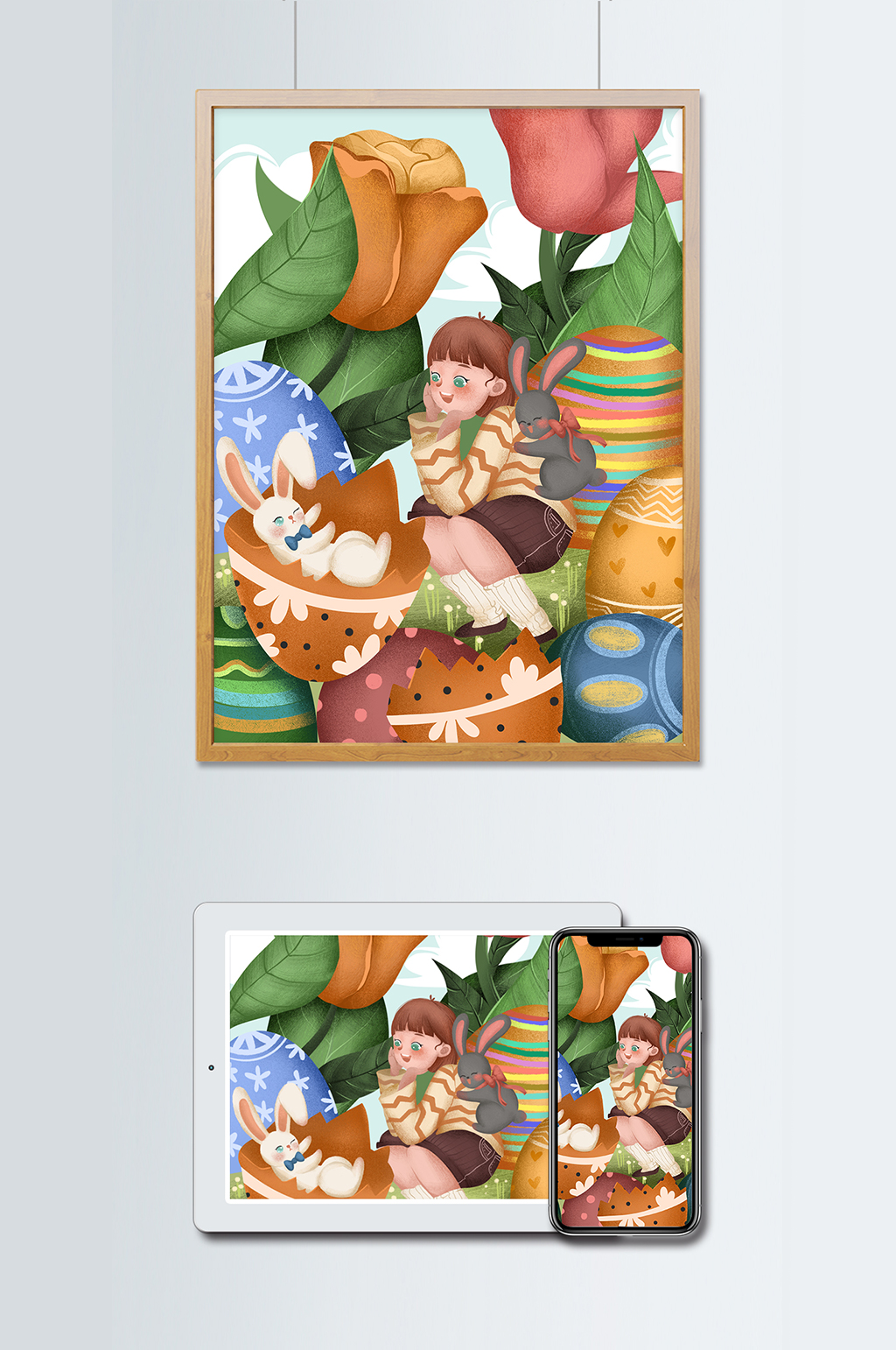 复活节女孩和兔子可爱创意插画素材