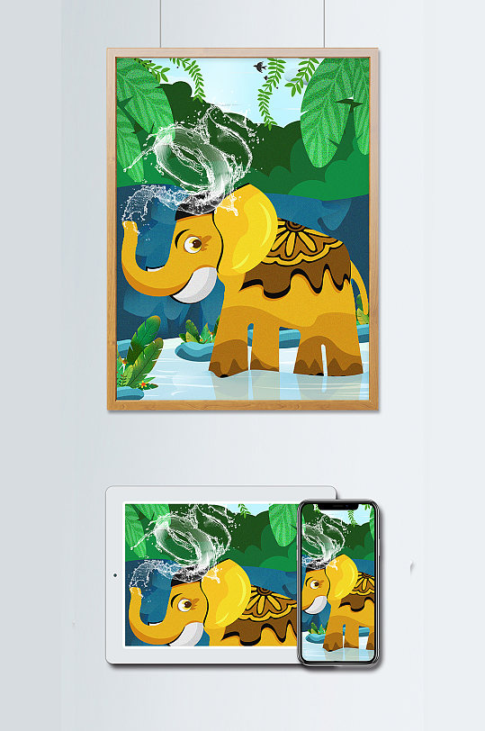 泼水节大象在水里面喷水玩水插画