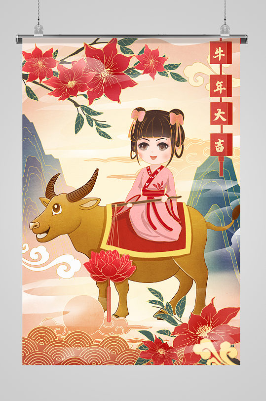国风中国风牛年骑牛提花灯女孩喜庆节日插画