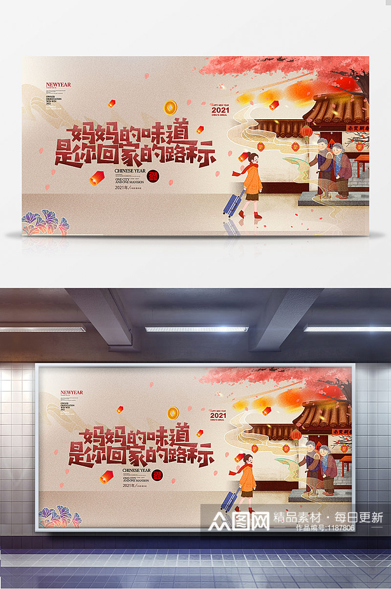 中国风手绘春节回家过年春运展板 国潮展板素材