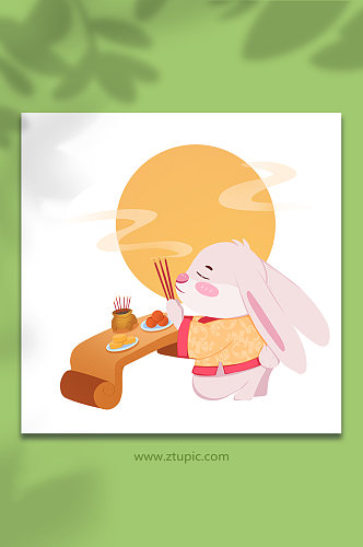 中秋兔拜圆月动物系列动作表情包元素插画