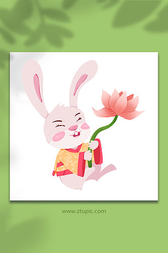 中秋兔年举荷花动物系列动作表情包元素插画