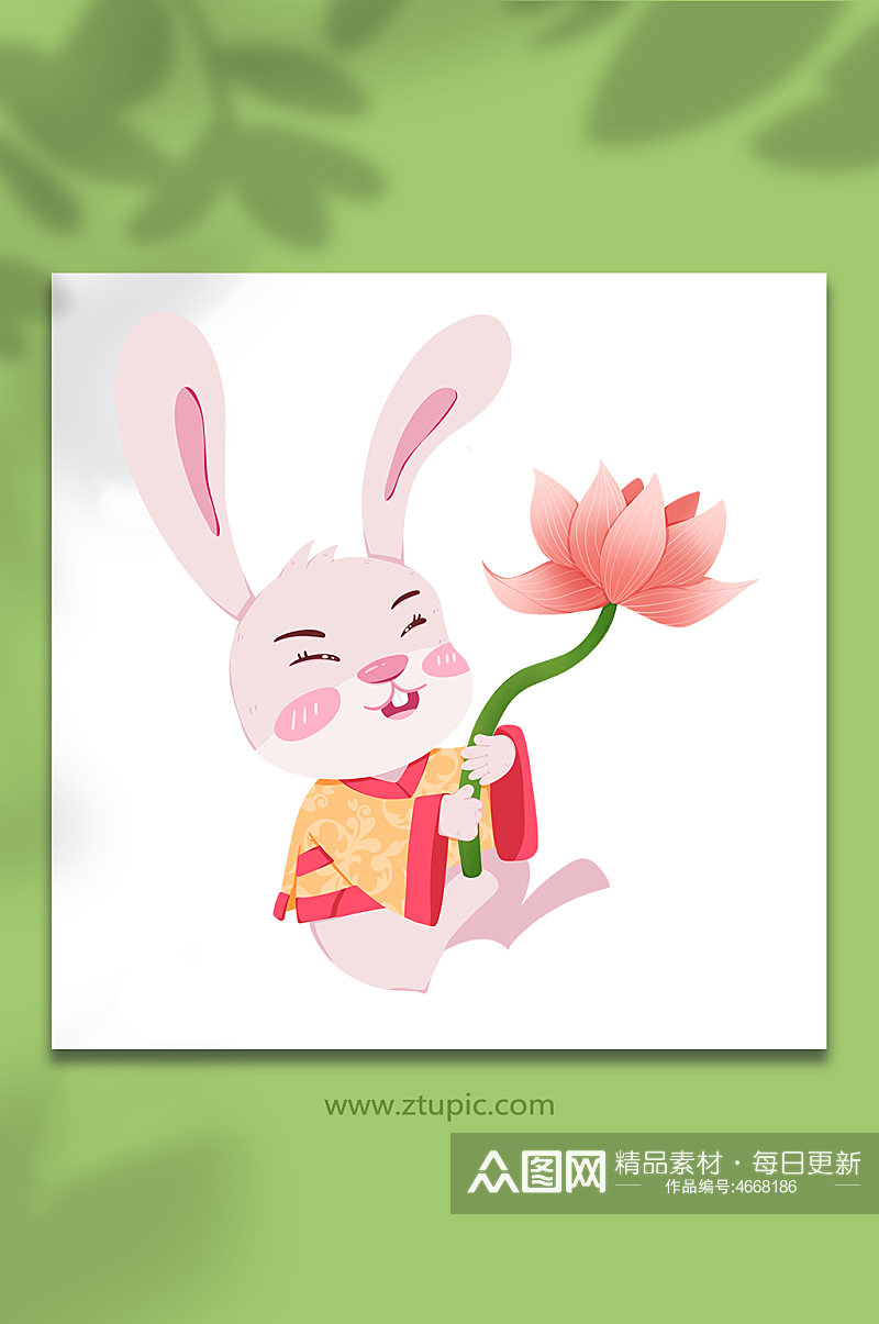 中秋兔年举荷花动物系列动作表情包元素插画素材
