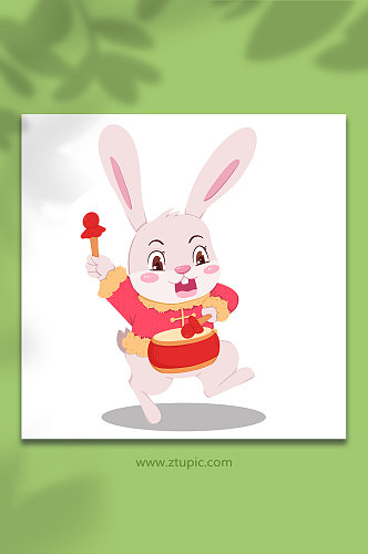 兔年喜庆打鼓动物系列动作表情包元素插画