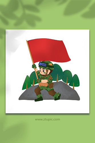 陆军战地丛林野外高举红旗爱国军人插画