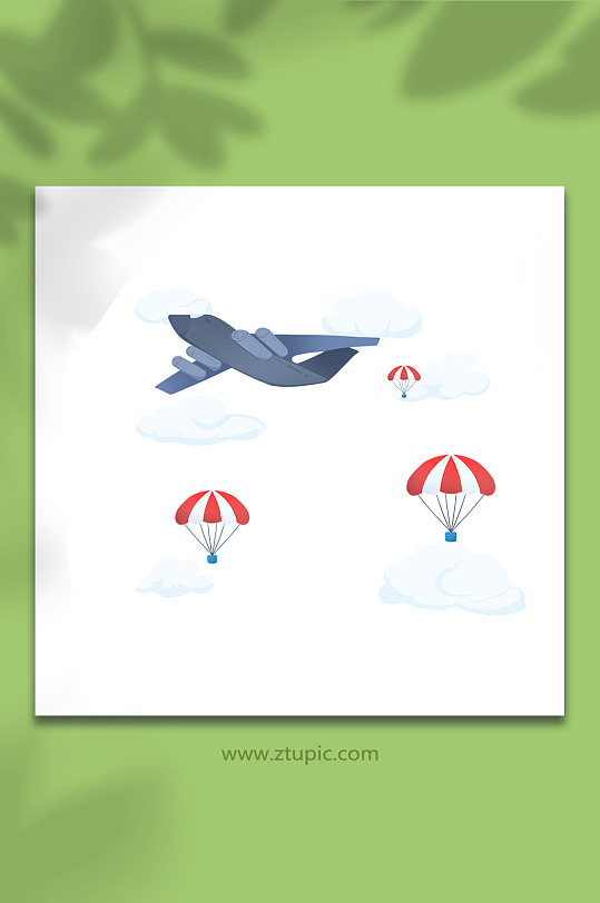 卡通手绘空军白云天空伞兵跳伞背景元素