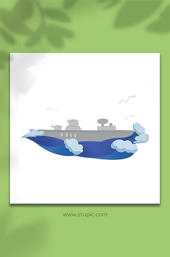 卡通手绘海军军舰海浪海鸥飞翔背景元素