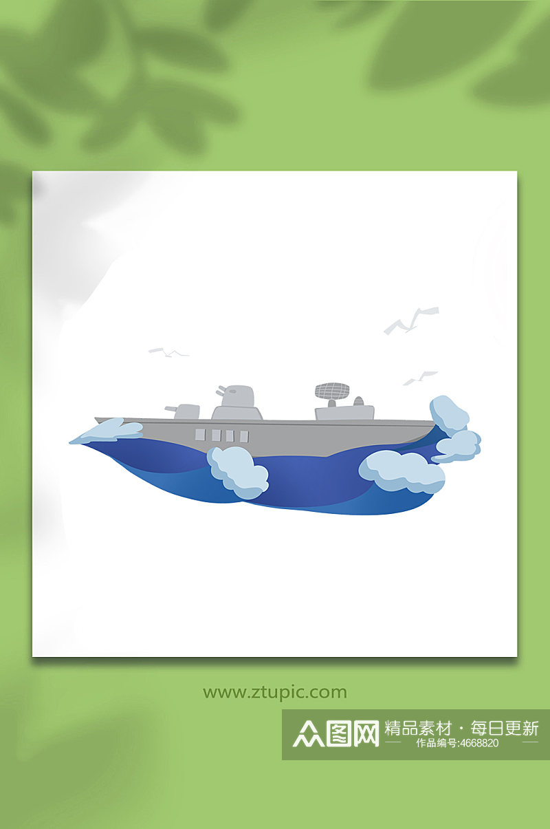 卡通手绘海军军舰海浪海鸥飞翔背景元素素材