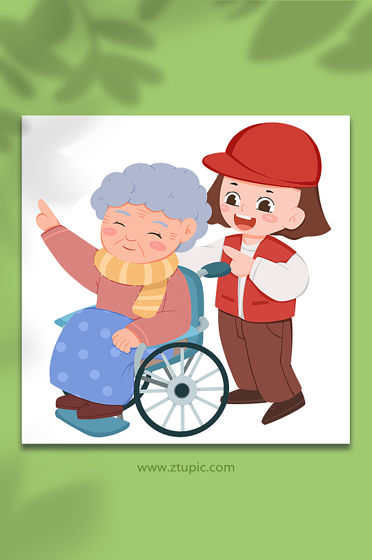 帮助老人推轮椅志愿者人物插画