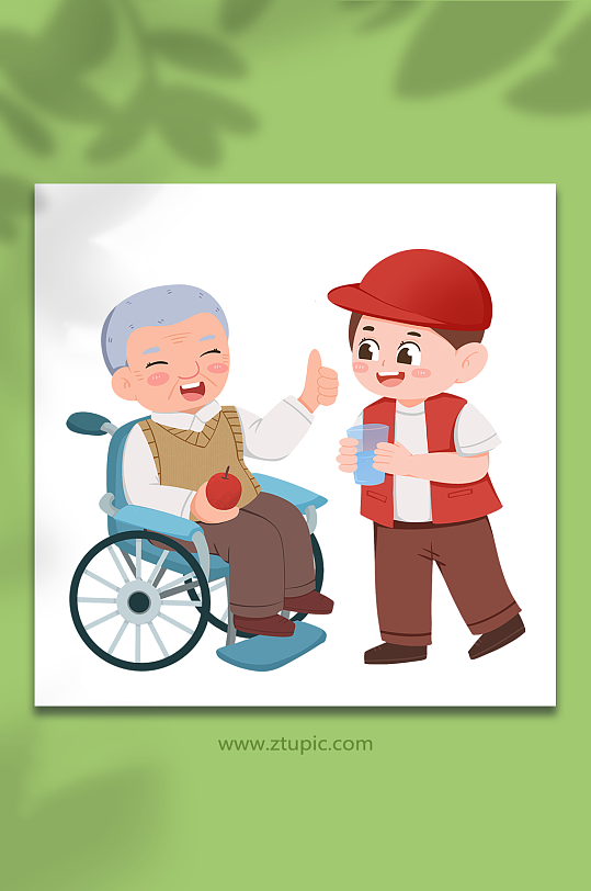 送水照顾轮椅老人志愿者人物插画