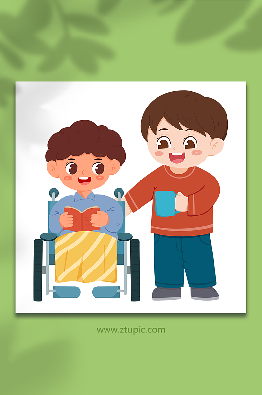 读书递水照顾残疾人人物插画