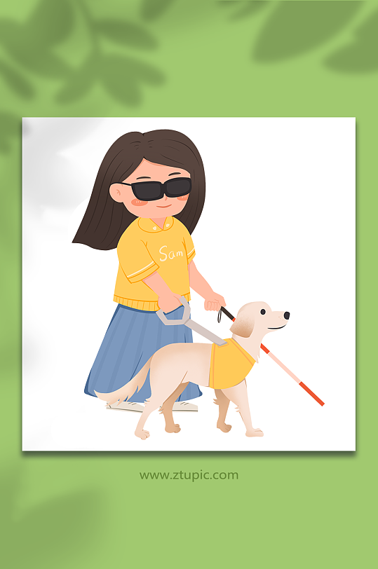 盲人出行导盲犬残疾人人物插画