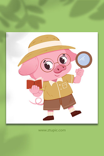 侦探猪拟人十二生肖动物元素插画