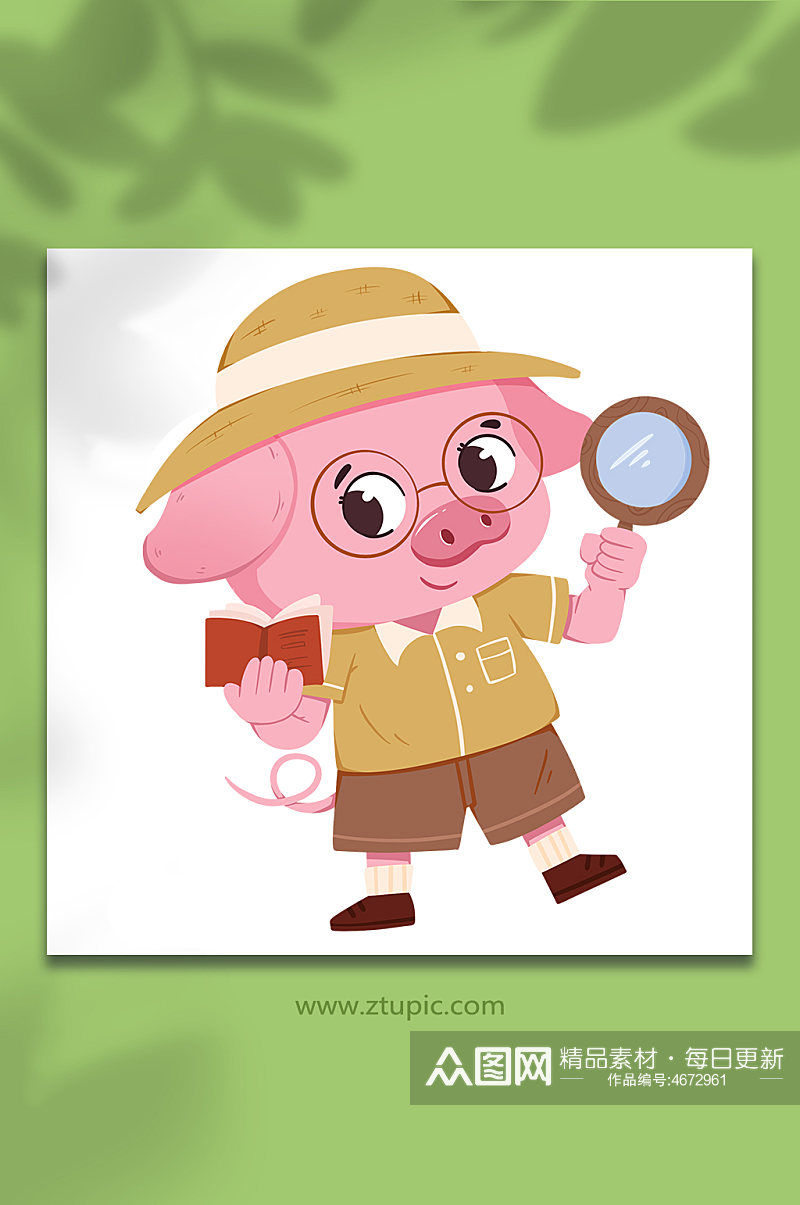 侦探猪拟人十二生肖动物元素插画素材