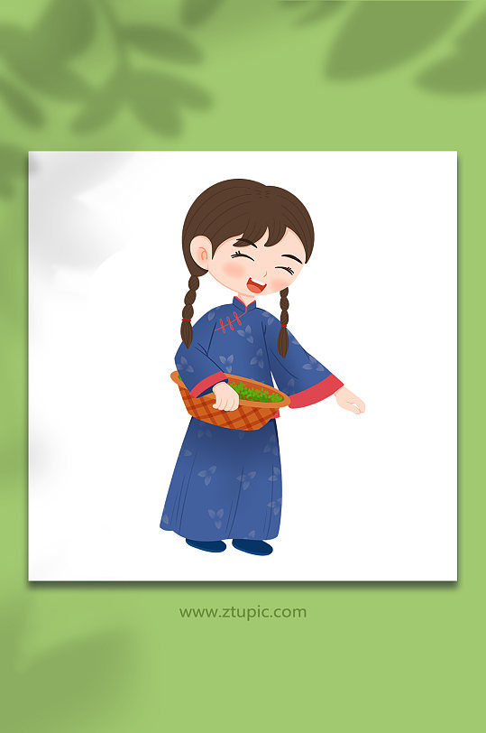 扎麻花辫采茶姑娘采茶茶叶人物插画-众图网