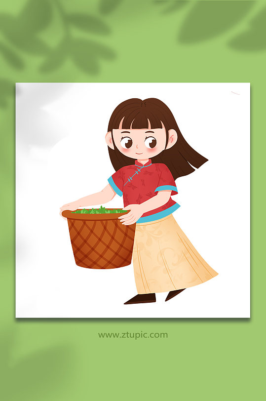 提筐采茶茶叶人物插画