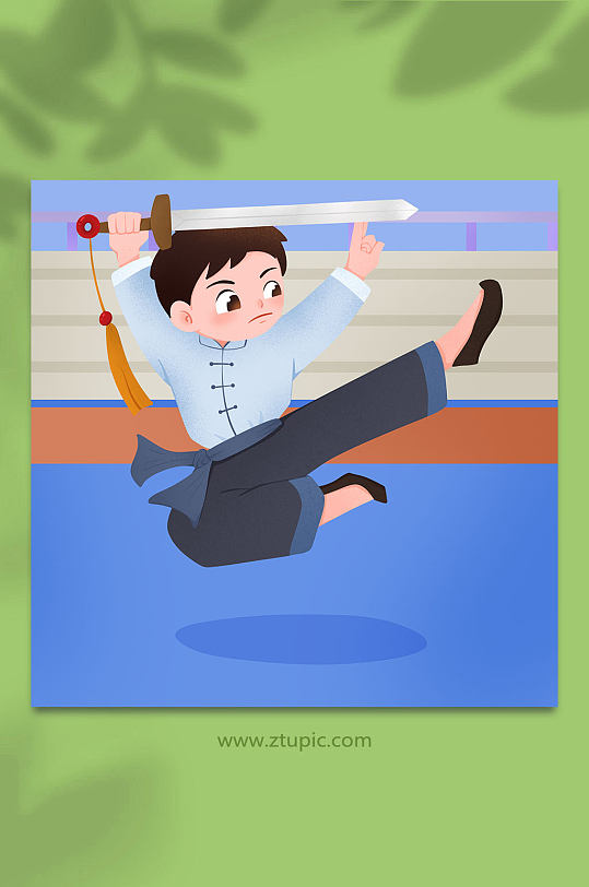 棍女侠武术人物插画卡通可爱武术训练武术人物插画橙色拳击馆培训招