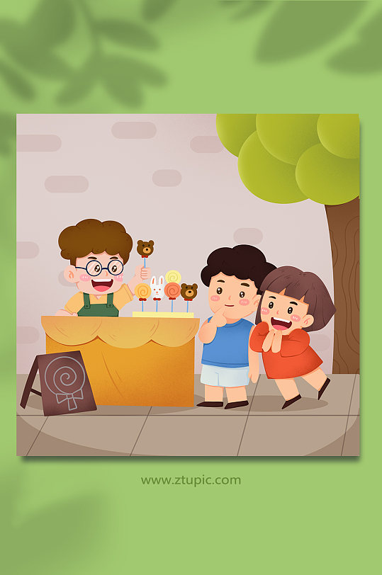 卡通手绘糖果铺地摊摆摊人物商业插画-众图网