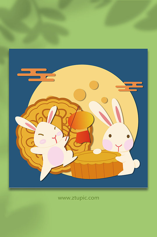 圆月兔子月饼AI矢量中秋节插画