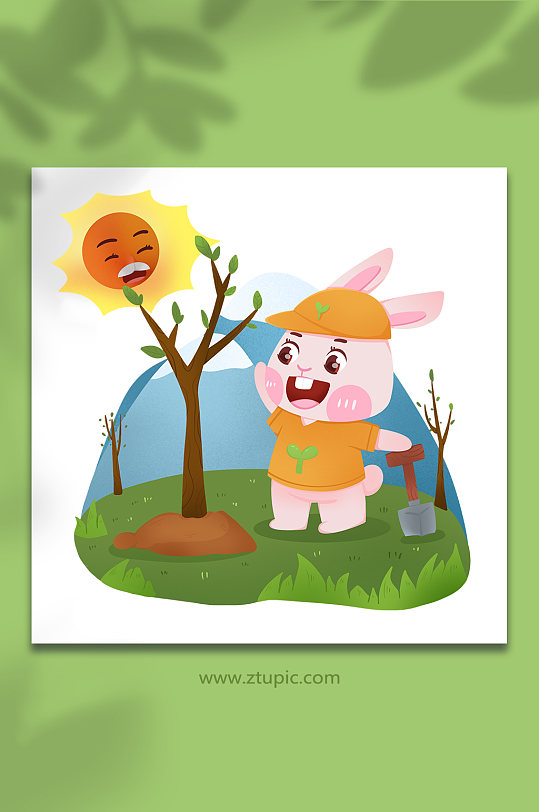 2023兔年三月植树节种树插画