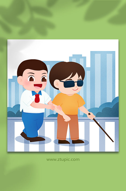 卡通手绘帮助扶过马路盲人人物插画