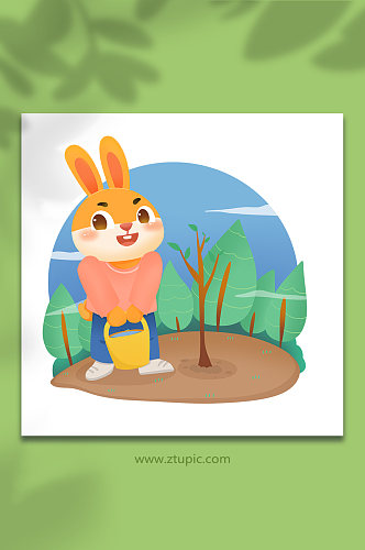 卡通2023兔年三月植树节种树插画