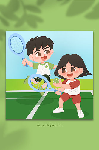 卡通手绘少儿网球运动人物插画
