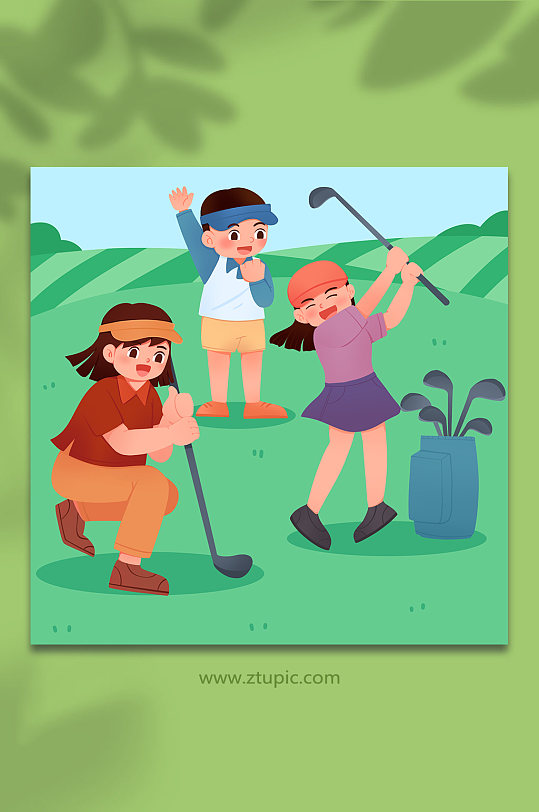 家庭聚会比赛高尔夫运动人物插画