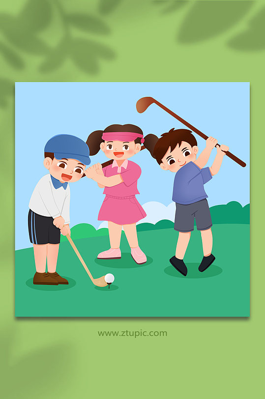 卡通青少年结伴练习高尔夫运动人物插画