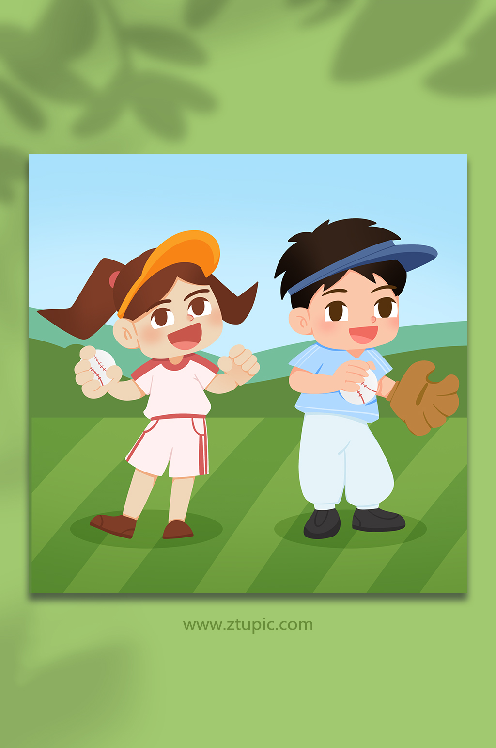 卡通手绘青少年棒球运动人物插画素材