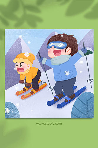 卡通手绘冬季滑雪人物插画