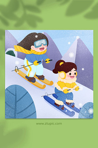双人冬季滑雪人物插画