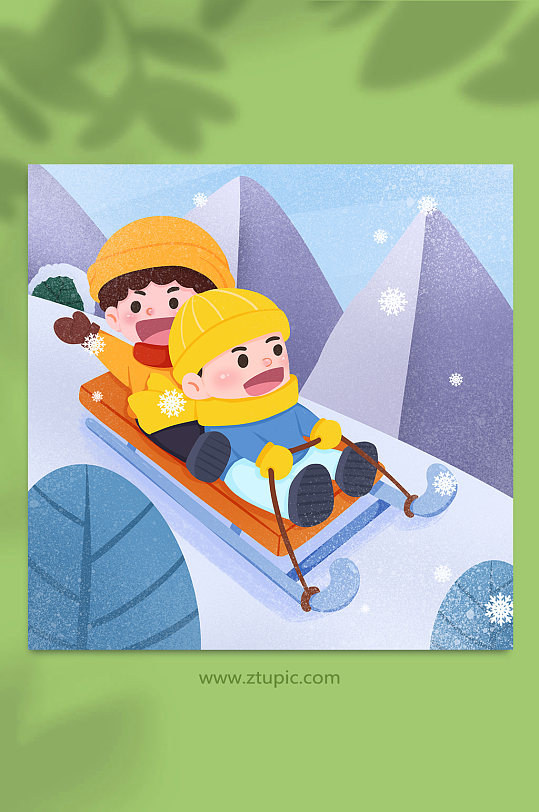 卡通二人雪橇冬季滑雪人物插画