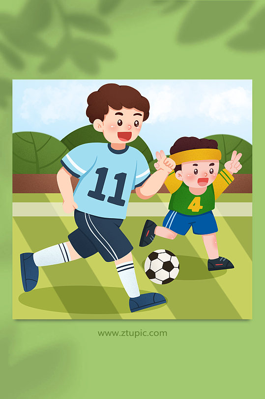 父子亲子扁平化踢足球人物插画-众图网