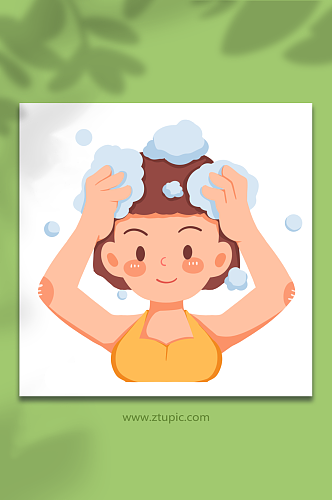 洗发泡泡美丽女性面部清洁头部护理元素插画