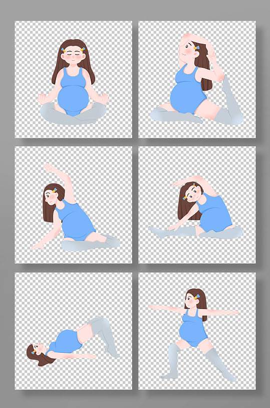 蓝色瑜伽卡通孕妇人物插画元素