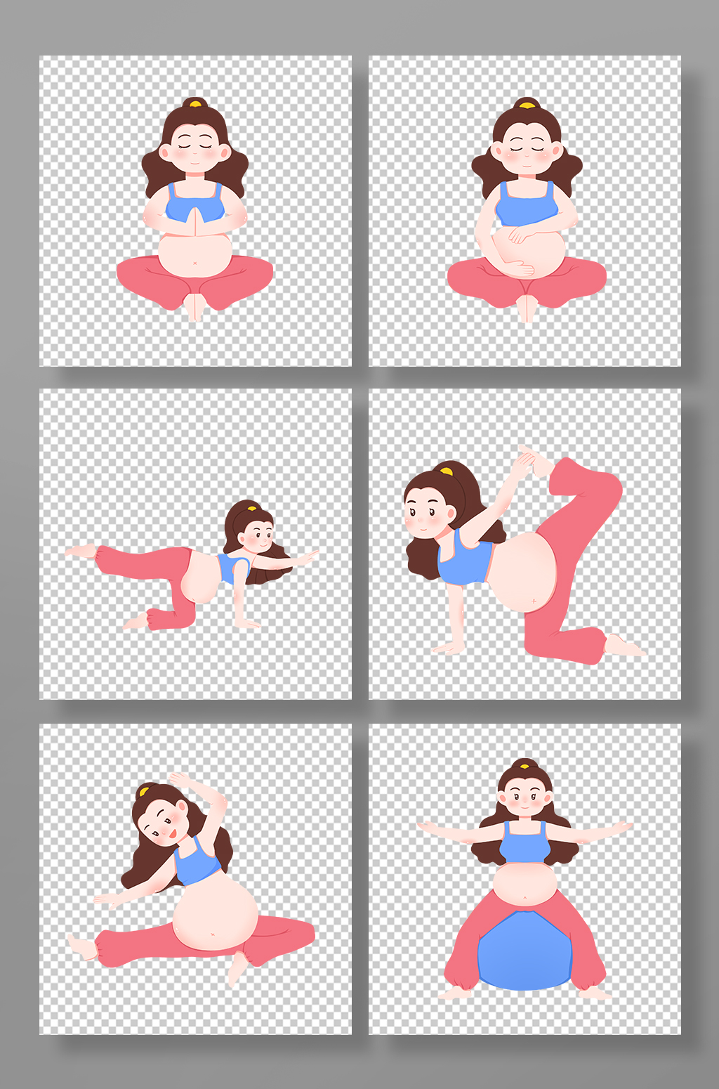 卡通手绘瑜伽卡通孕妇人物插画元素素材