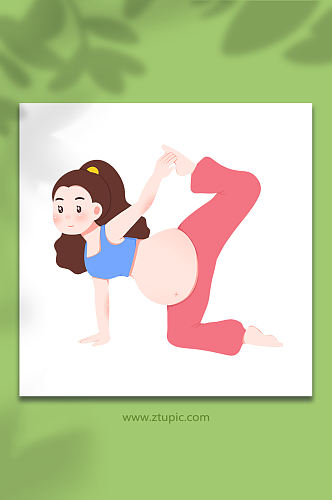 卡通手绘后抬腿瑜伽卡通孕妇人物元素插画