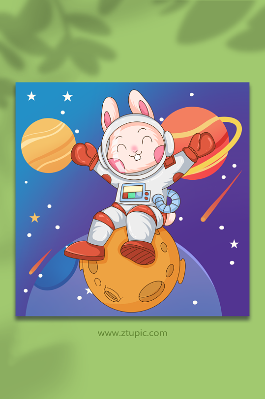卡通兔子星球宇航员兔年插画