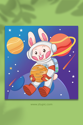 卡通兔子拥抱宇航员兔年插画