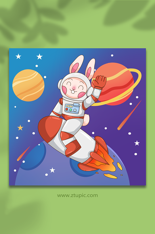 手绘火箭兔子宇航员兔年插画