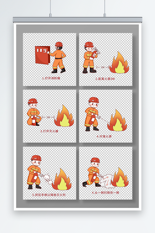 卡通消防员灭火器消防栓使用方法插画元素