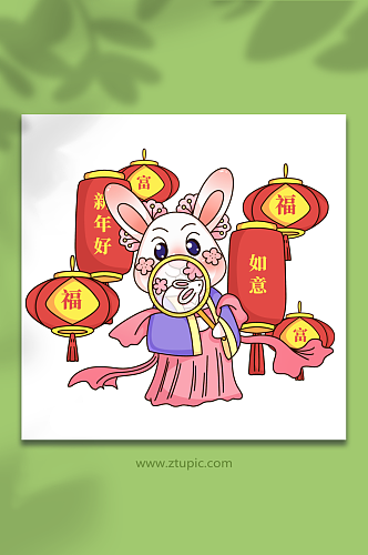 彩灯卡通手绘兔子兔年喜庆人物插画